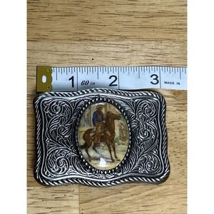 Vintage Way Out  West Silver Toned Belt Buckle Indian On Horseback Inset Picture
